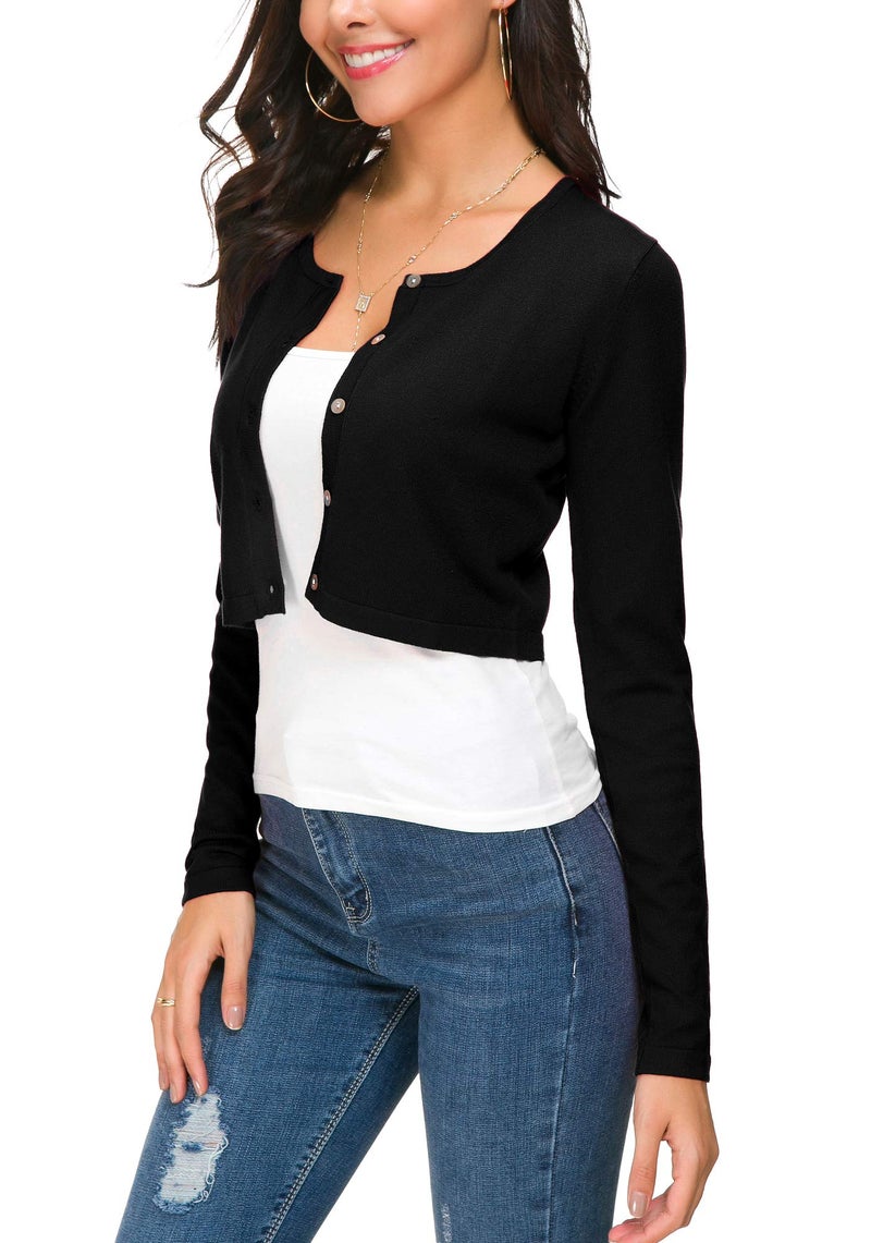 EXCHIC Women's Cropped Knit Cardigan Sweater Long Sleeve Button Down Open Front Bolero Shrug for Spring and Fall (M, Black) - Image 5